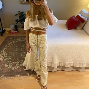 Urban Outfitters High Waisted Yellow Floral Pant XS Straight Slight Flare Bottom